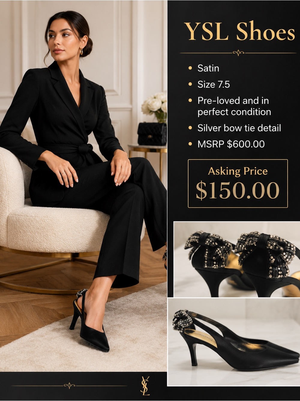 Yves Saint Laurent Black Satin Slingback Heels with Silver Bow Detail - Size 7.5